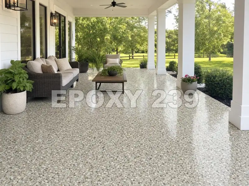 Covered lanai with outdoor sofas and a lawn beyond, its floor glossy Creekbed flake epoxy